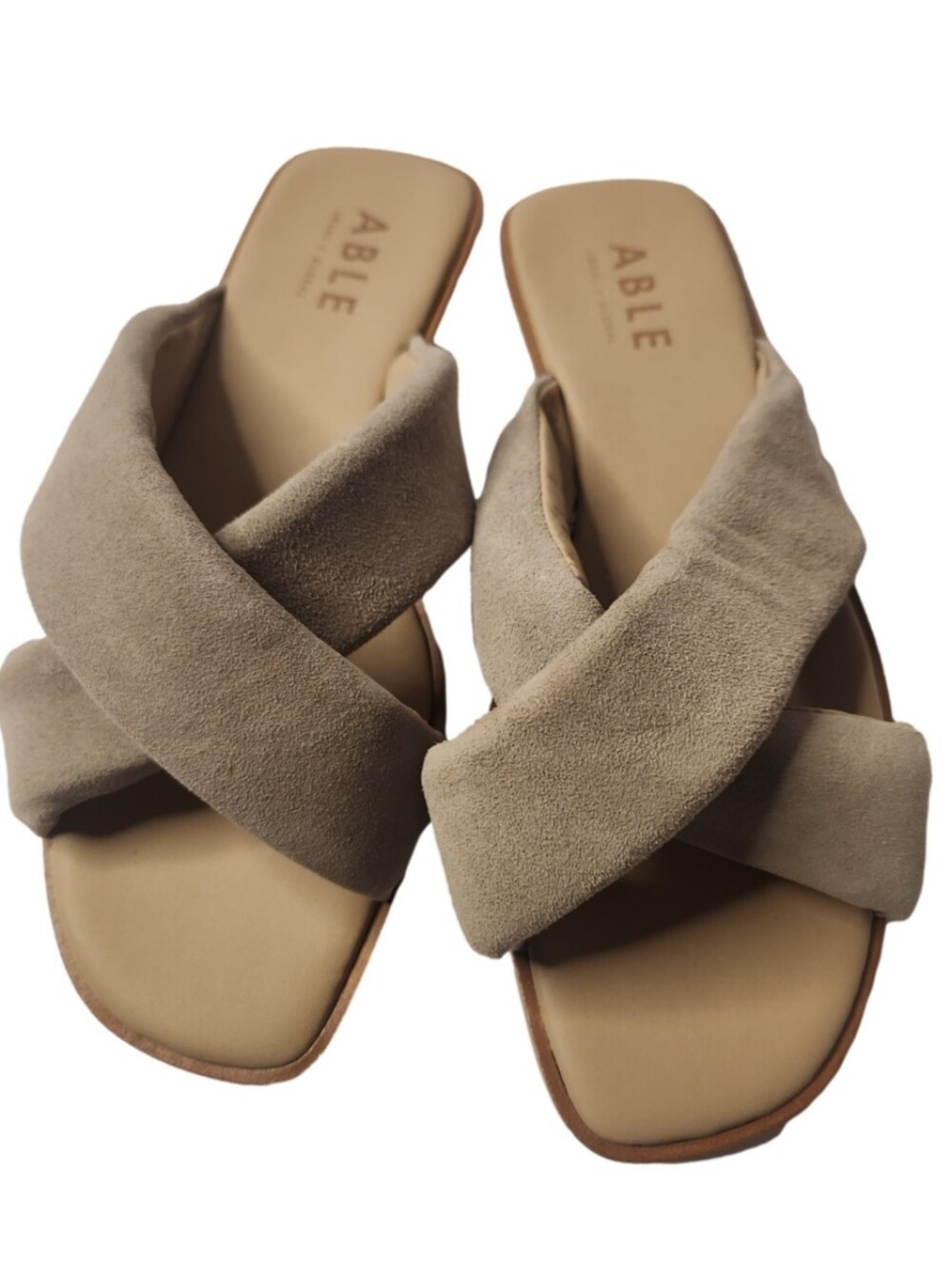 ABLE Taupe Crisscross Suede Slide Sandals Size 8.5 Nwob
